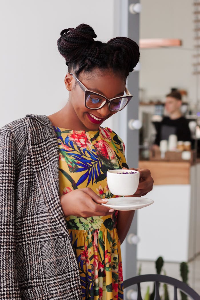 Cheerful woman in vibrant dress savoring a coffee at a stylish cafe interior.
